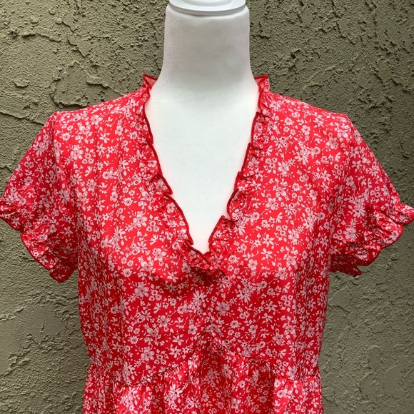 Summer Floral Red Lightweight Mini Shift Dress, Medium - Picture 4 of 5
